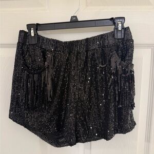 Sequin Black Women's Shorts with Sequin Fringe Pockets